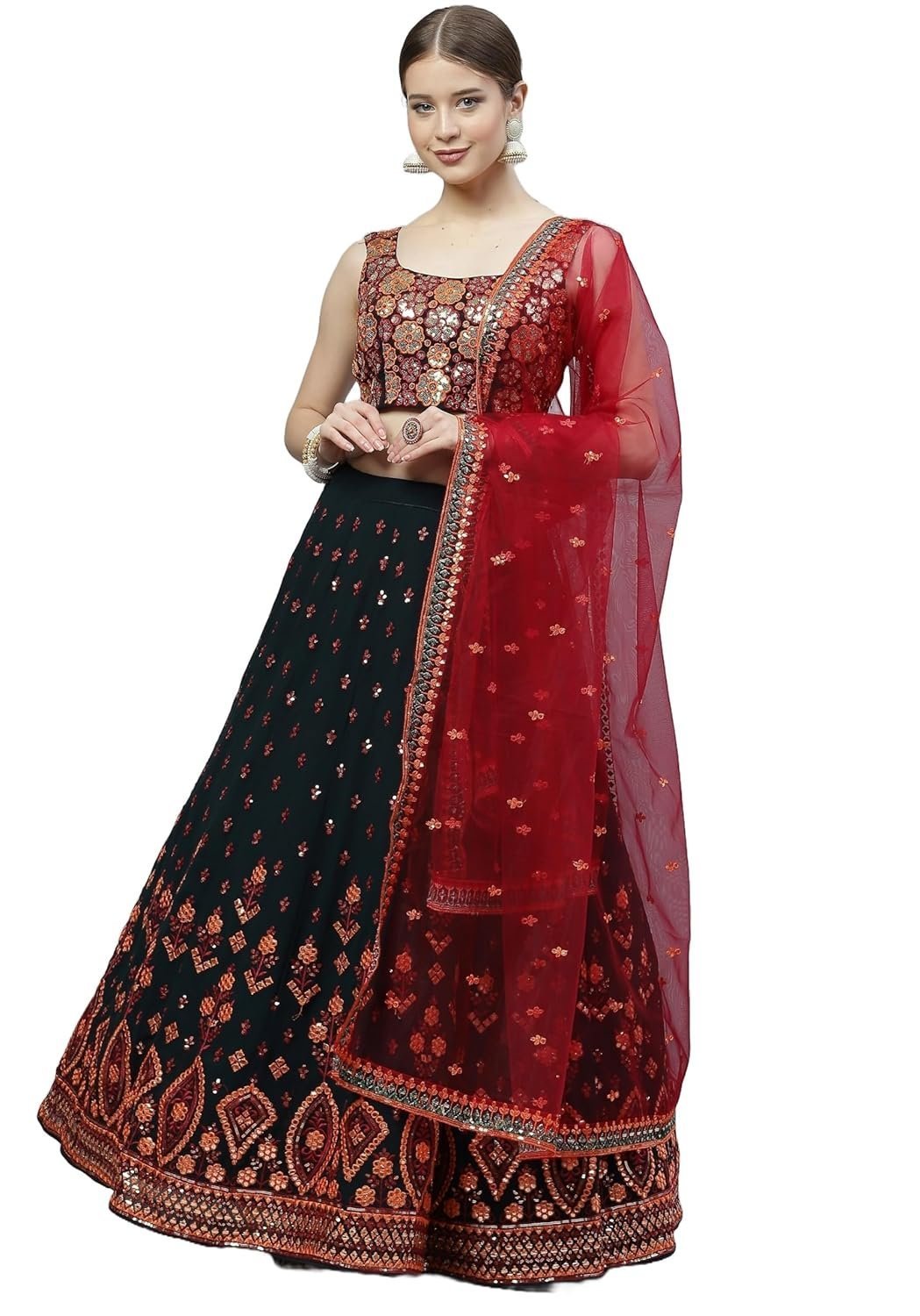 Women's Georgette Semi Stitched Lehenga Choli with Dupatta | Traditional, Wedding, Ethnic Wear Lehenga | Thread and Sequin Embroidery Pattern (Green)