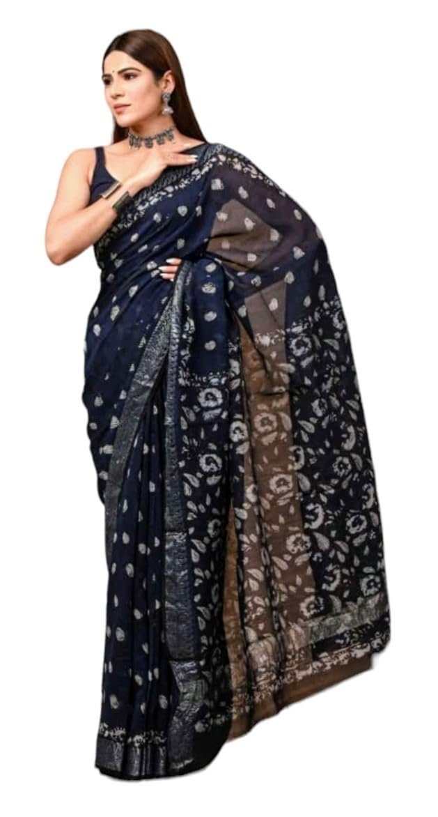 Women's hand block printed silk saree 6.3 m including blouse piece
