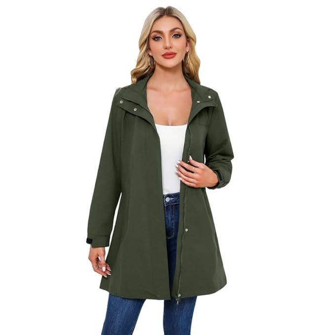 Women’s Long Waterproof Raincoat Detachable Hood Full Zip Button Casual Winter Jacket