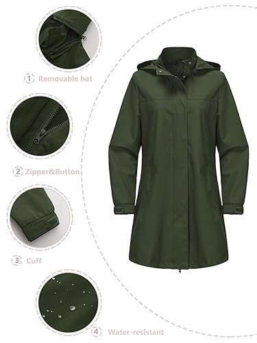Women’s Long Waterproof Raincoat Detachable Hood Full Zip Button Casual Winter Jacket - Image 3