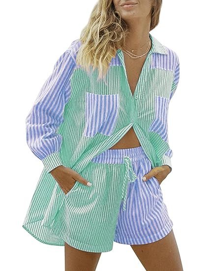 Women’s 2 Piece Casual Tracksuit Outfit Sets Stripe Long Sleeve Shirt And Loose High Waisted Mini Shorts Set - Image 2